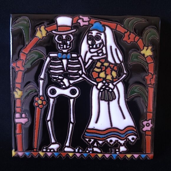 Mexican Folk Art Day of the Dead Dia de Los Muertos Wedding Handmade Clay Tile - Picture 1 of 3